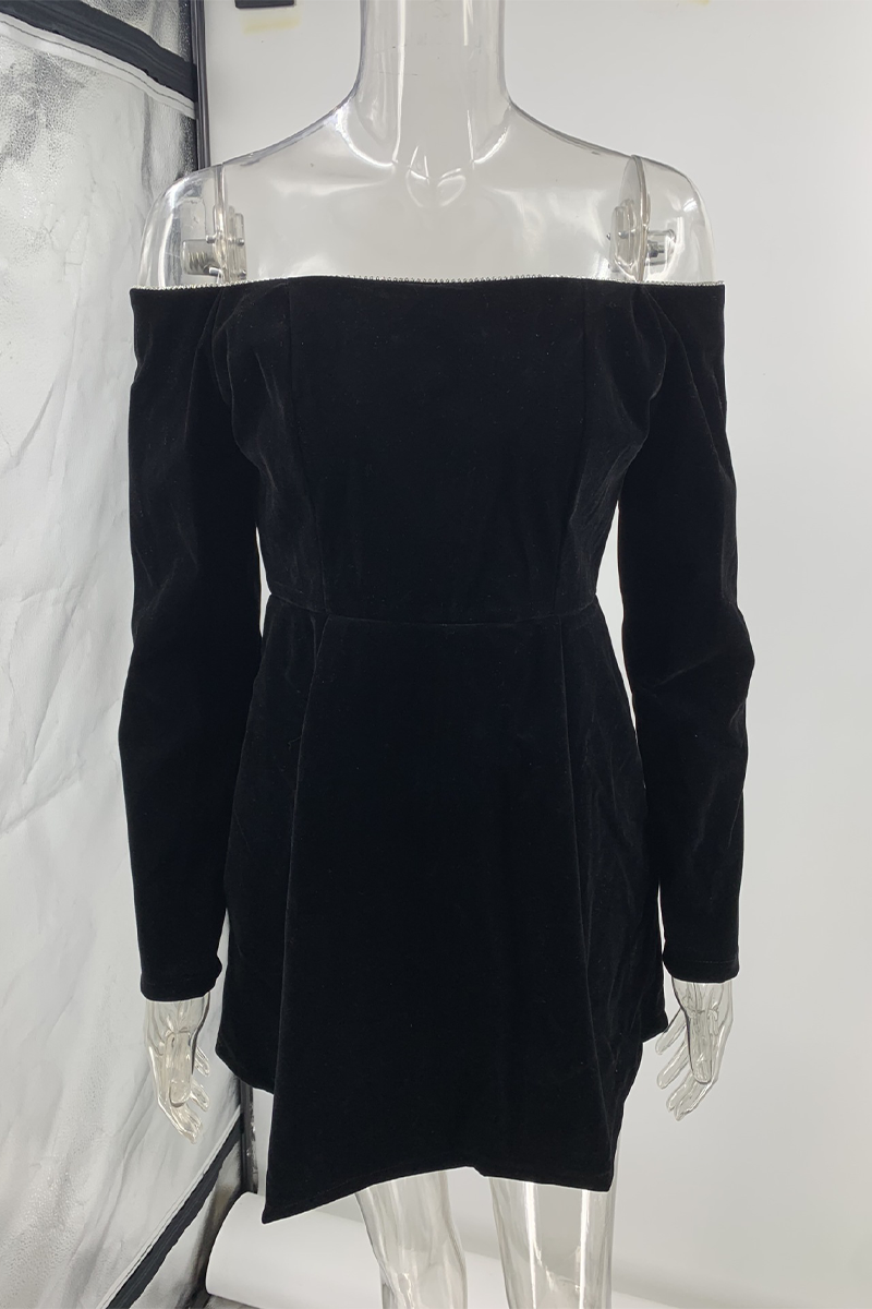 Velvet Off Shoulder Rhinestone Trim Long Sleeve Cocktail Mini Dress - View 7