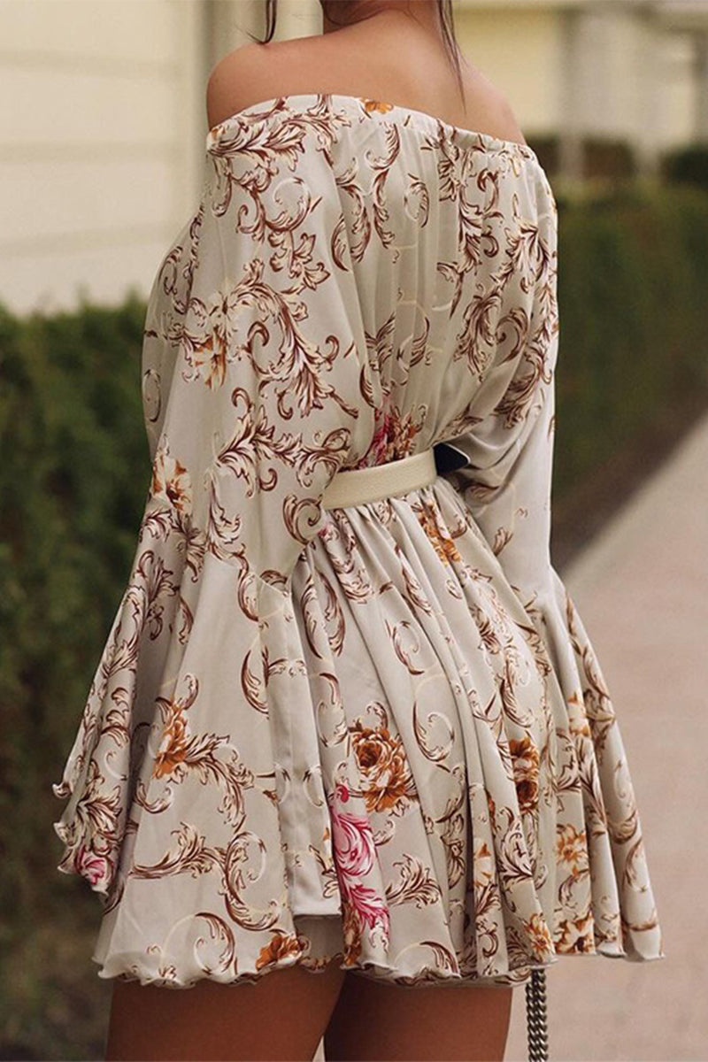 Floral Print Off Shoulder Long Sleeve Belted Flared Mini Dress - View 3