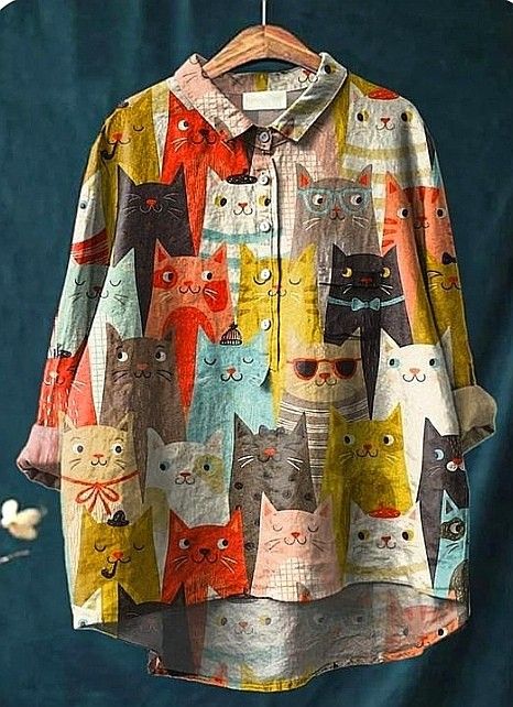 Cat Print Collared Button Front Long Sleeve Blouse
