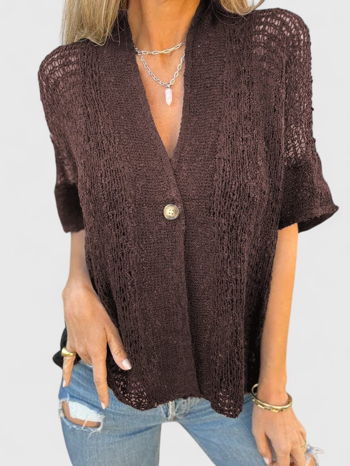 V-Neck Short Sleeve Pointelle Open Knit Button Top