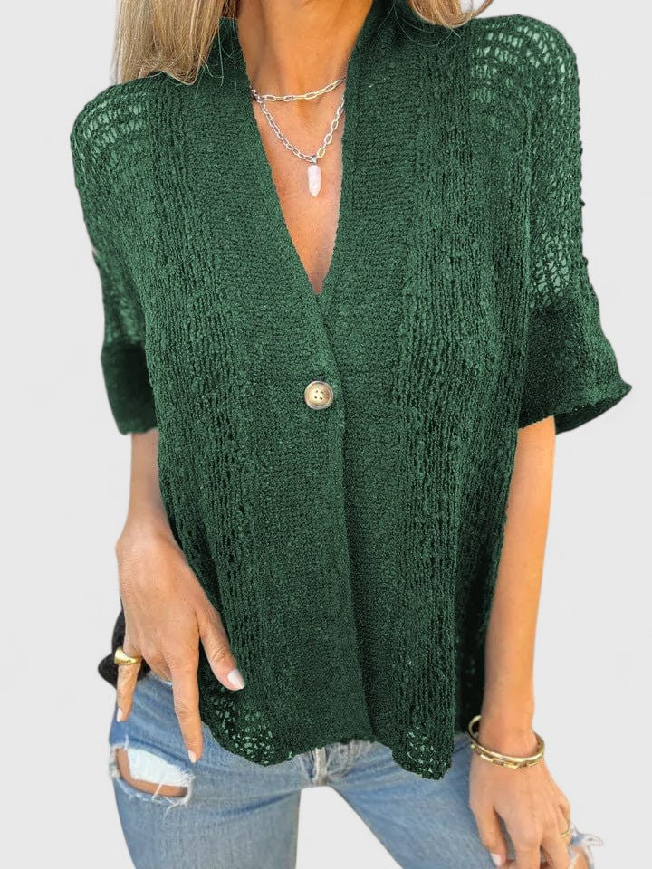 V-Neck Short Sleeve Pointelle Open Knit Button Top 2