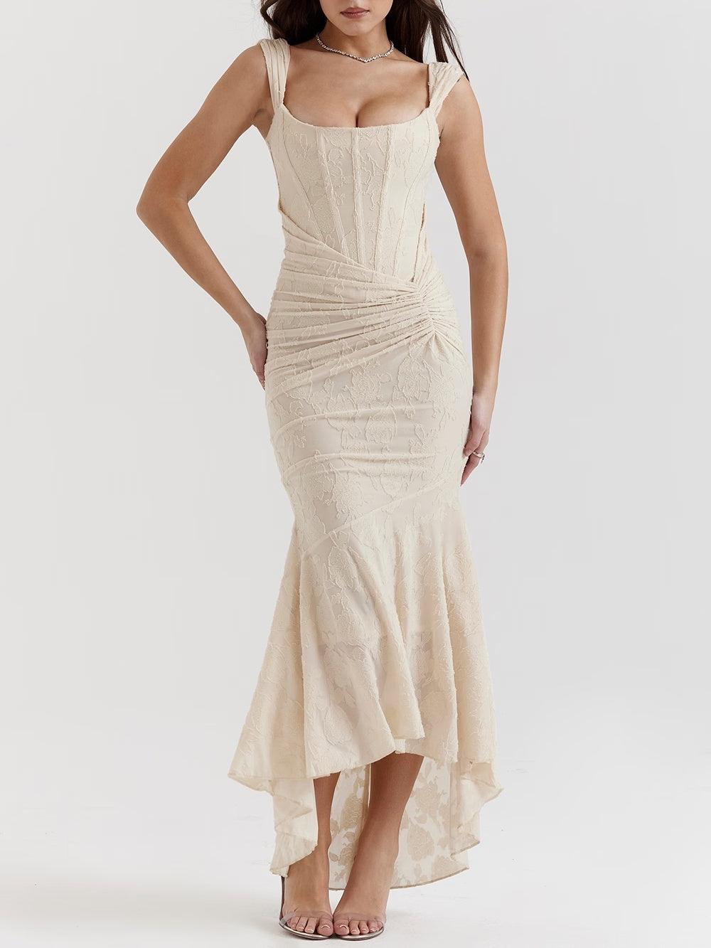 Square Neck Corset Bodice Lace High Low Fishtail Maxi Dress 25