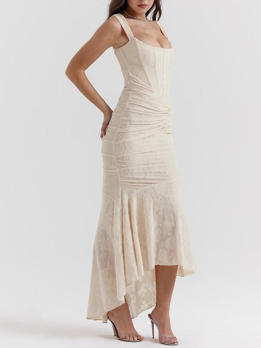 Square Neck Corset Bodice Lace High Low Fishtail Maxi Dress 26