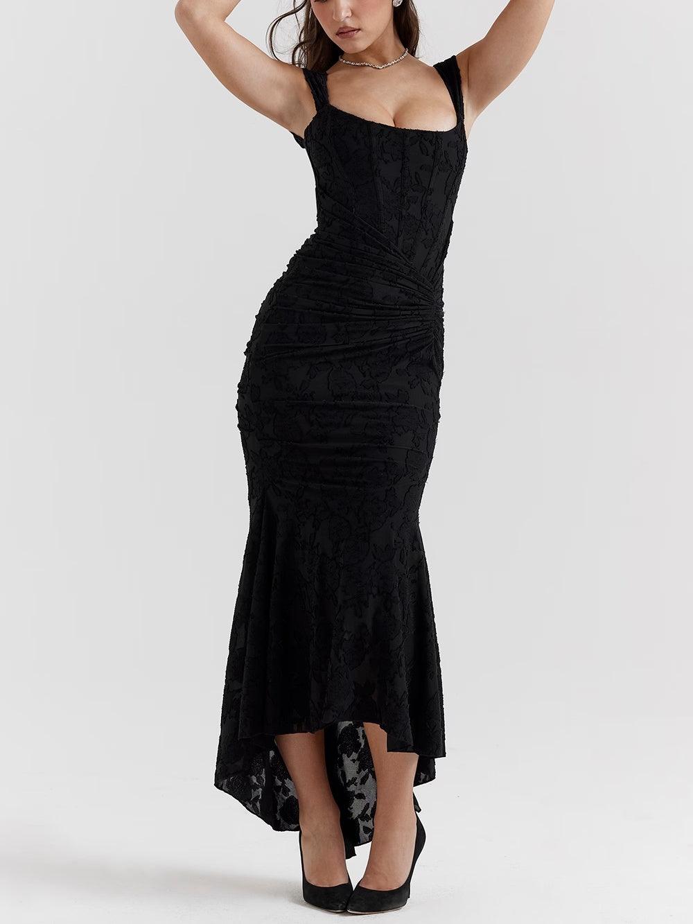 Square Neck Corset Bodice Lace High Low Fishtail Maxi Dress 14