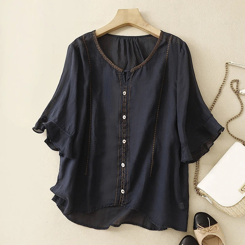 Embroidered Trim Tie Neck Ruffle Sleeve Blouse 4