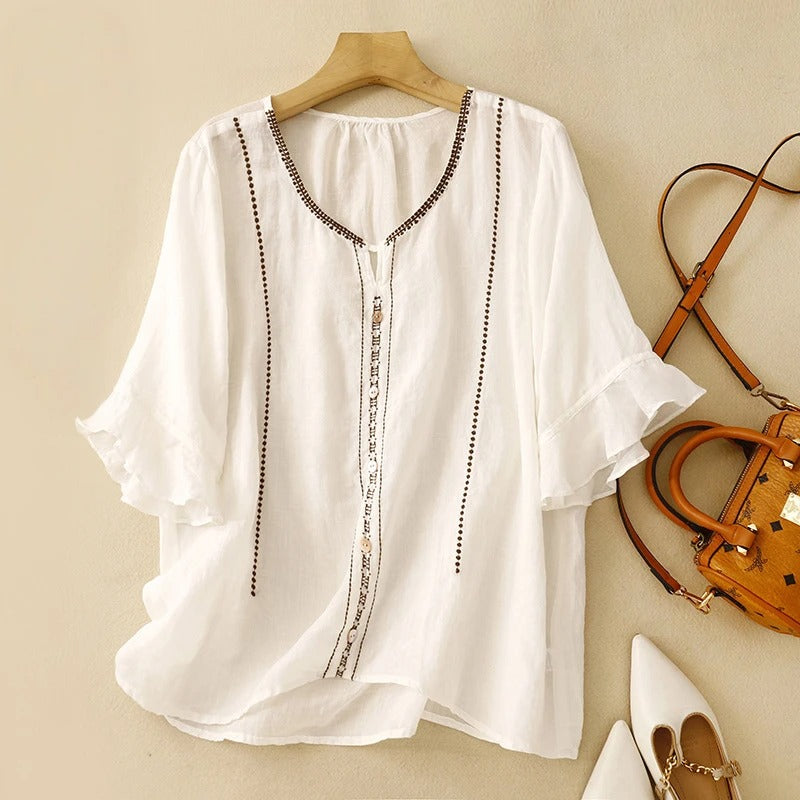 Embroidered Trim Tie Neck Ruffle Sleeve Blouse