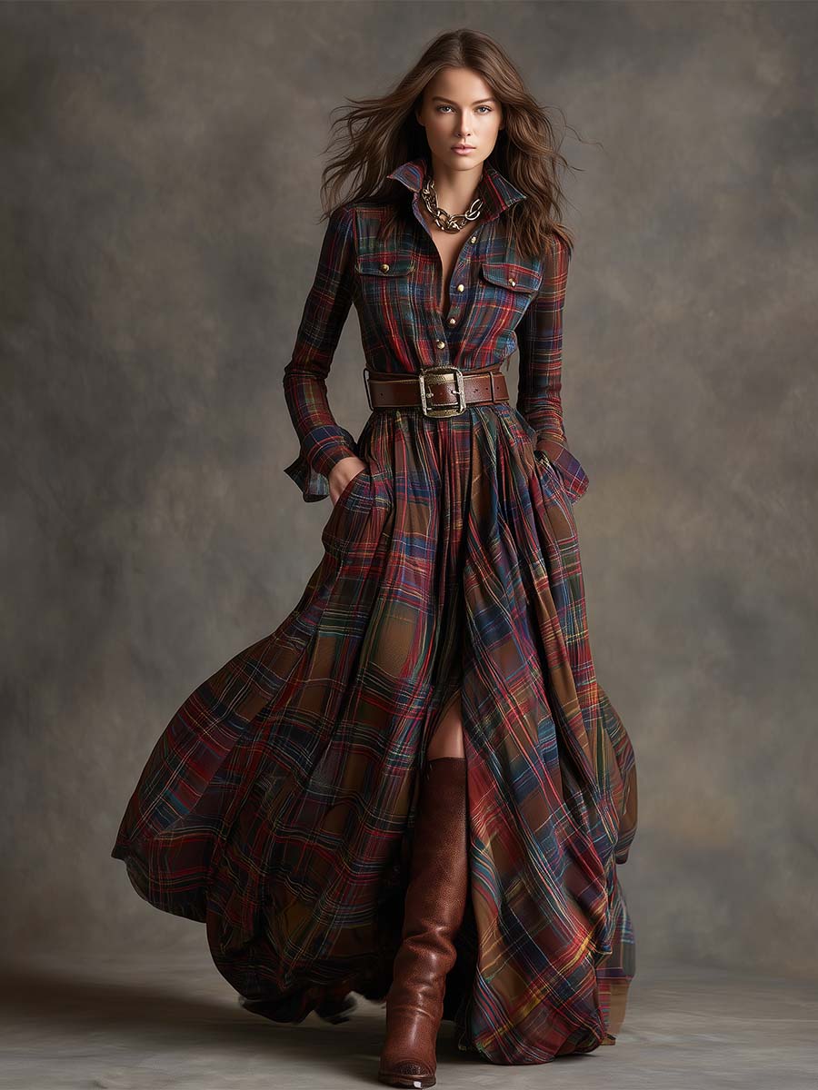 Collared Long Sleeve Belted Plaid Shirt Maxi Dress 7