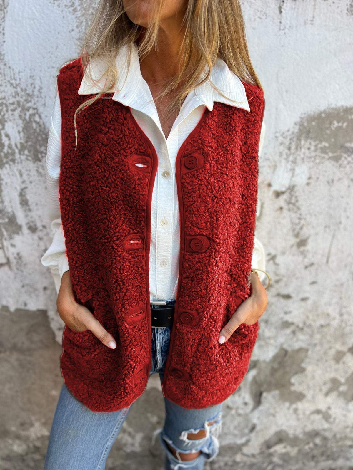 Sherpa Fleece Button Front Pocket Vest 2