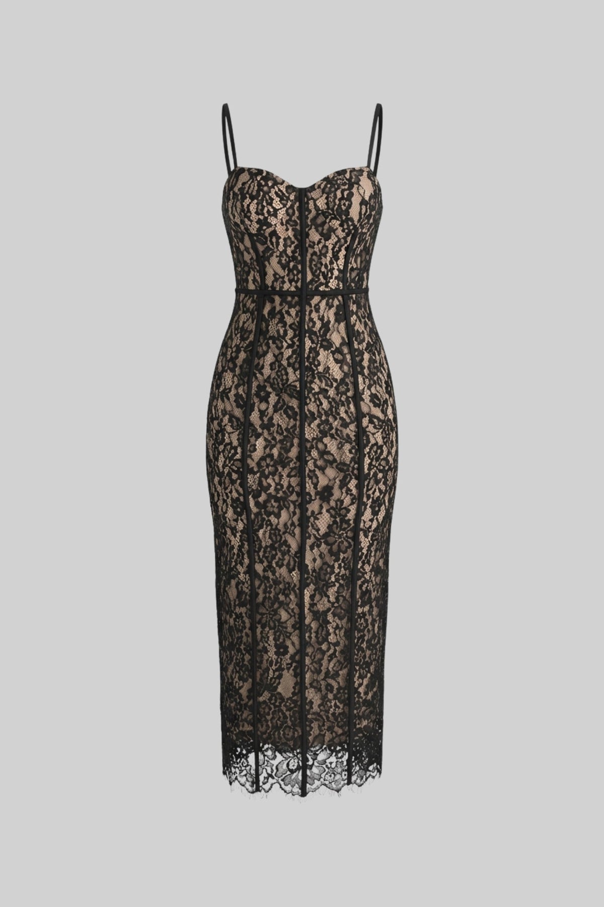 Lace Midi Dress With Sheer Corset Bodice - Black - View 2