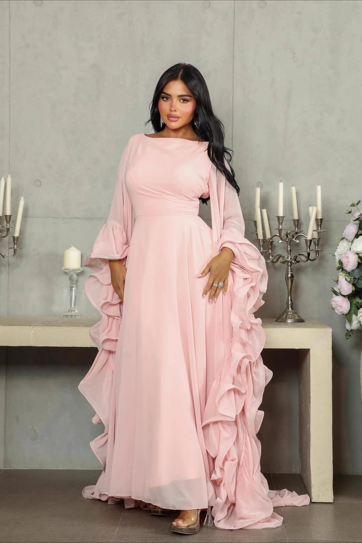 Boat Neck Ruffle Sleeve Chiffon Flowy A-Line Maxi Dress 2