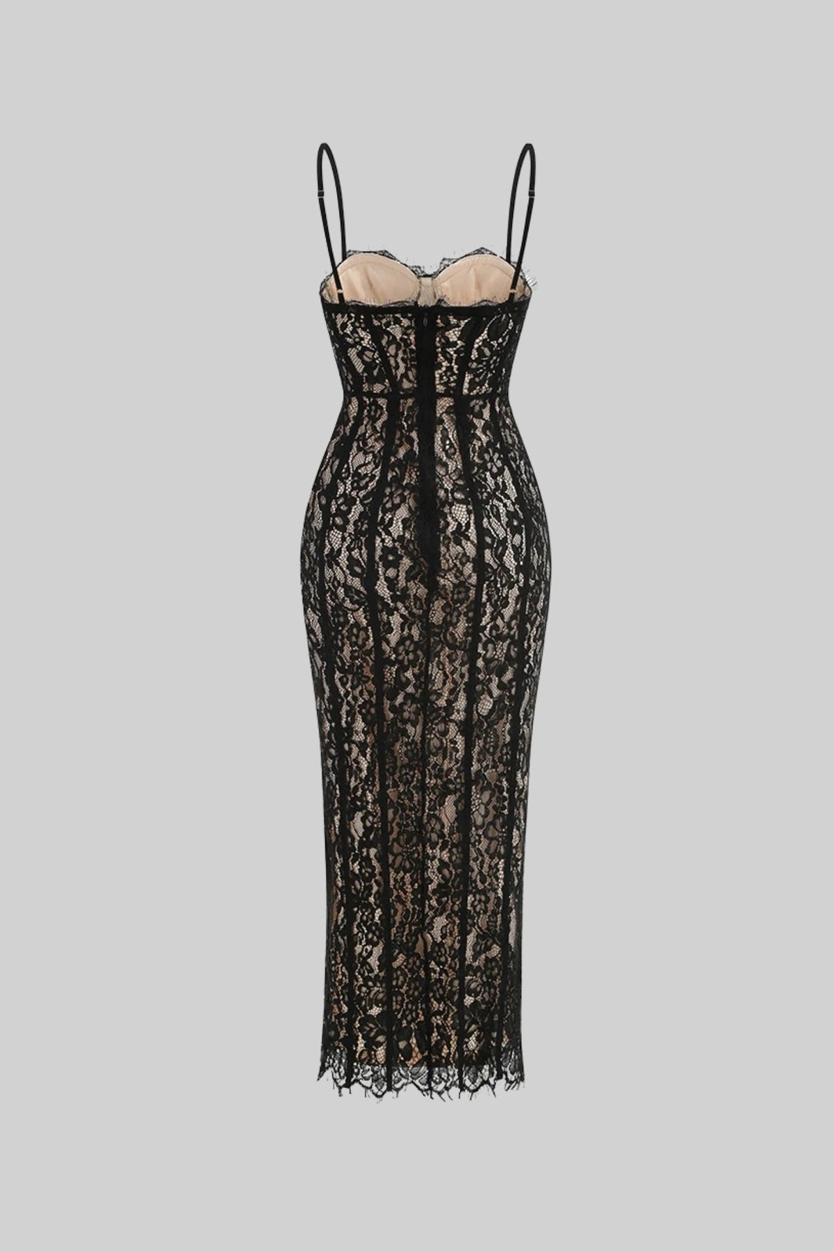 Lace Midi Dress With Sheer Corset Bodice - Black - View 8