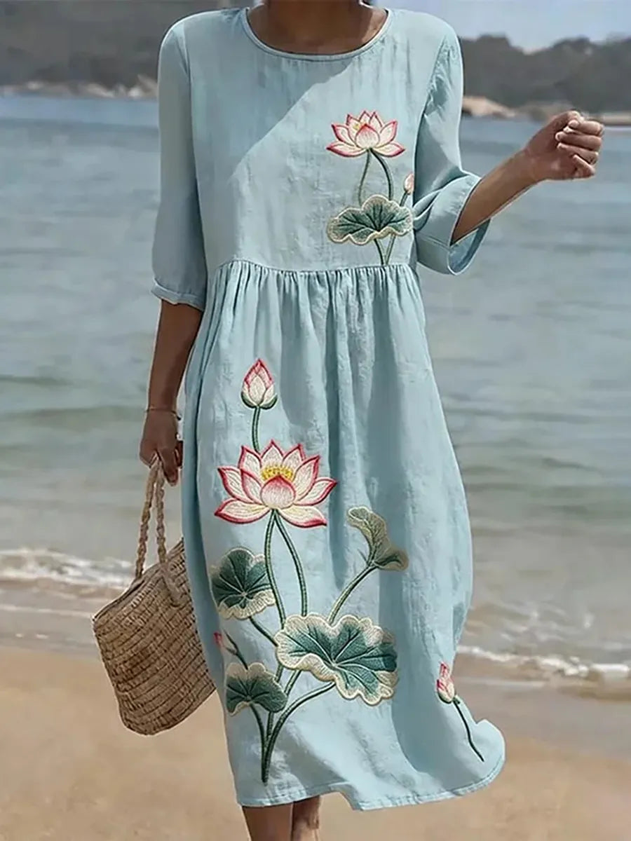 Lotus Embroidered Round Neck Three Quarter Sleeve Midi Dress