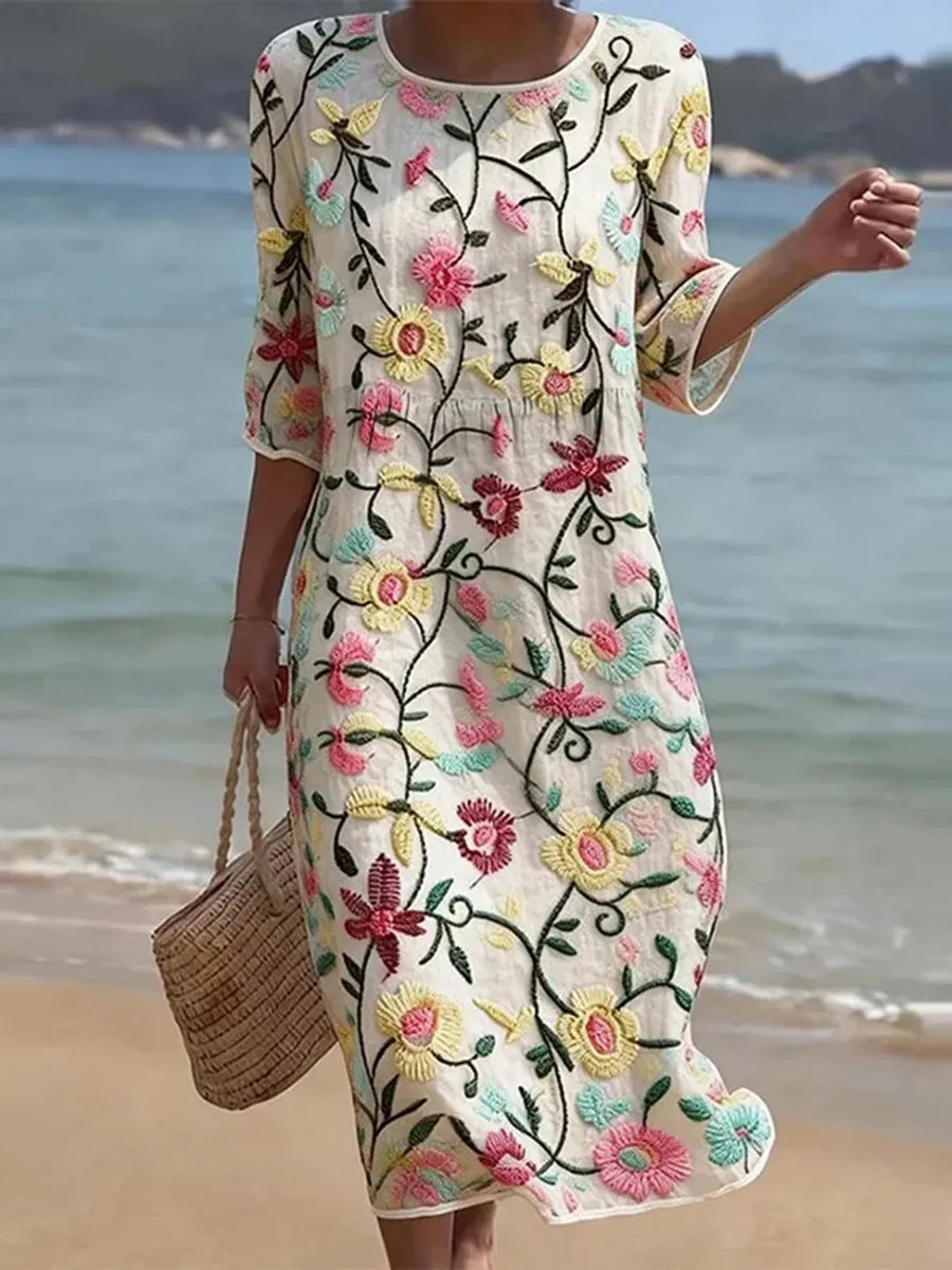 Floral Embroidered Round Neck Half Sleeve Midi Dress