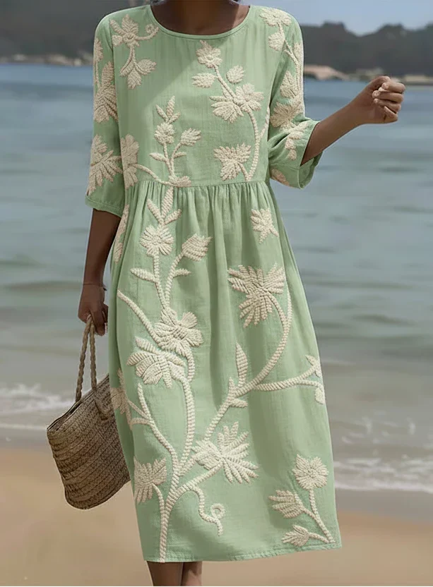 Round Neck Half Sleeve Floral Embroidered Midi Dress 2