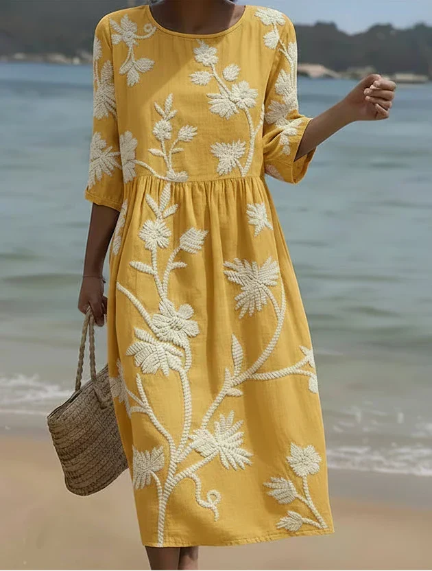 Floral Embroidered Tiered Round Neck Midi Dress 2