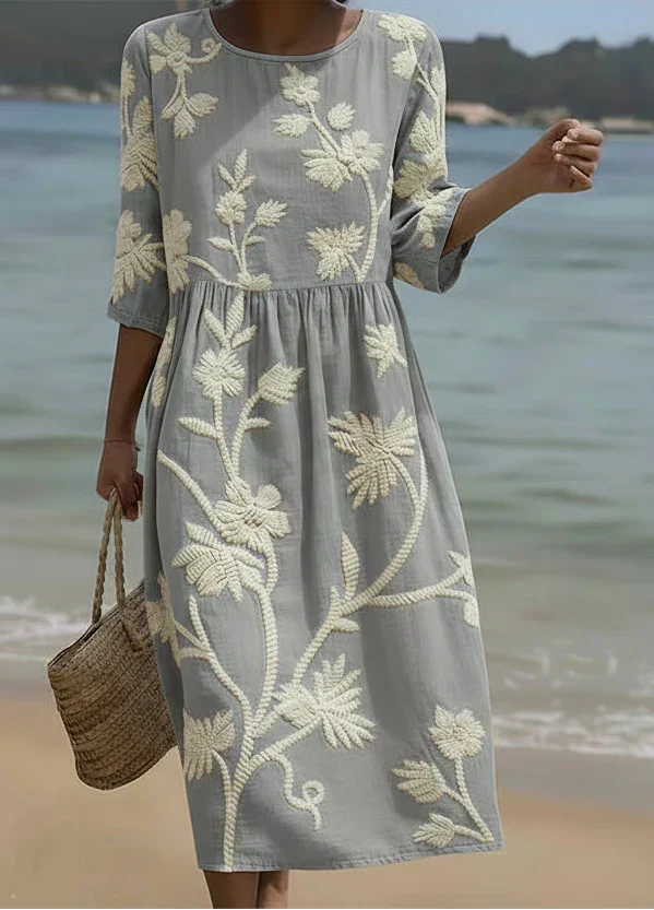 Embroidered Floral Round Neck Half Sleeve Midi Dress