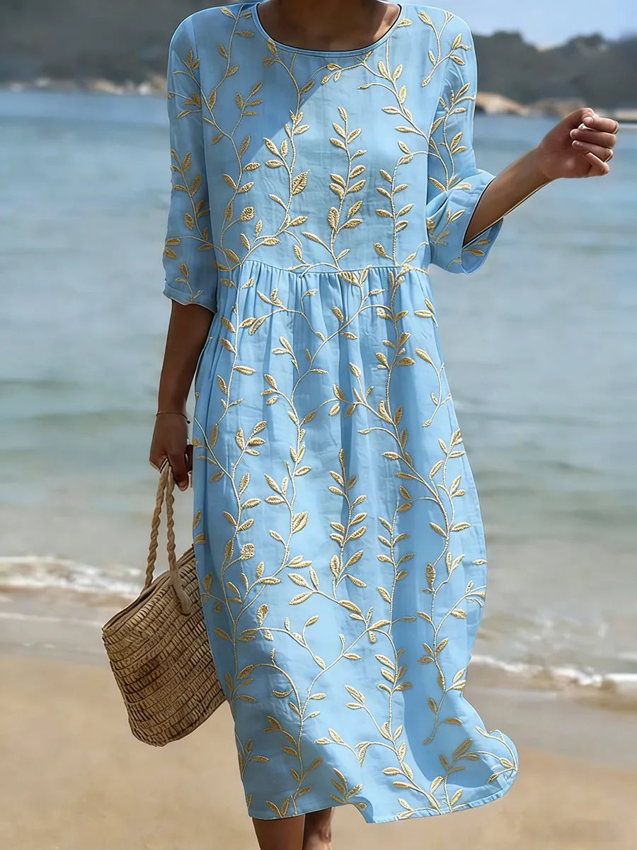 Leaf Embroidered Round Neck Midi Beach Dress