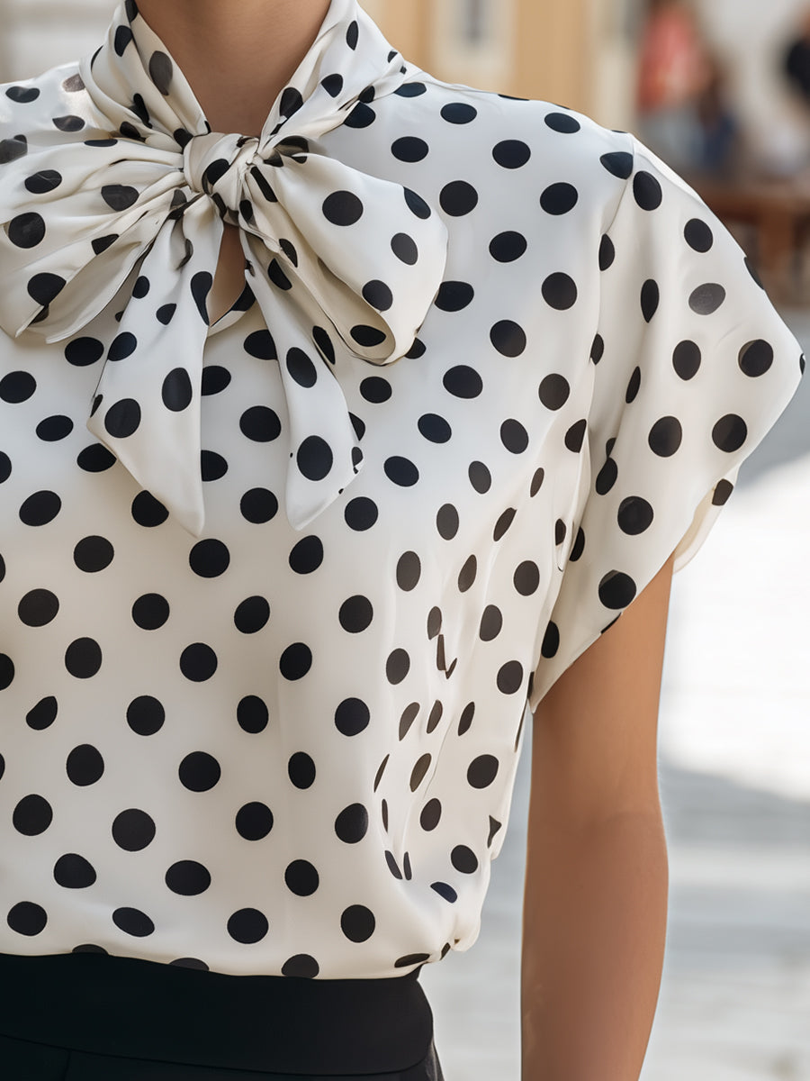 Satin Polka Dot Bow Tie Neck Cap Sleeve Blouse 3