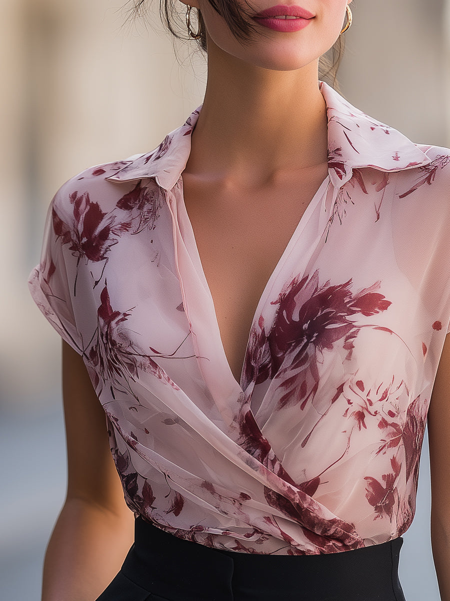 Floral Collared Cap Sleeve Wrap Blouse 2