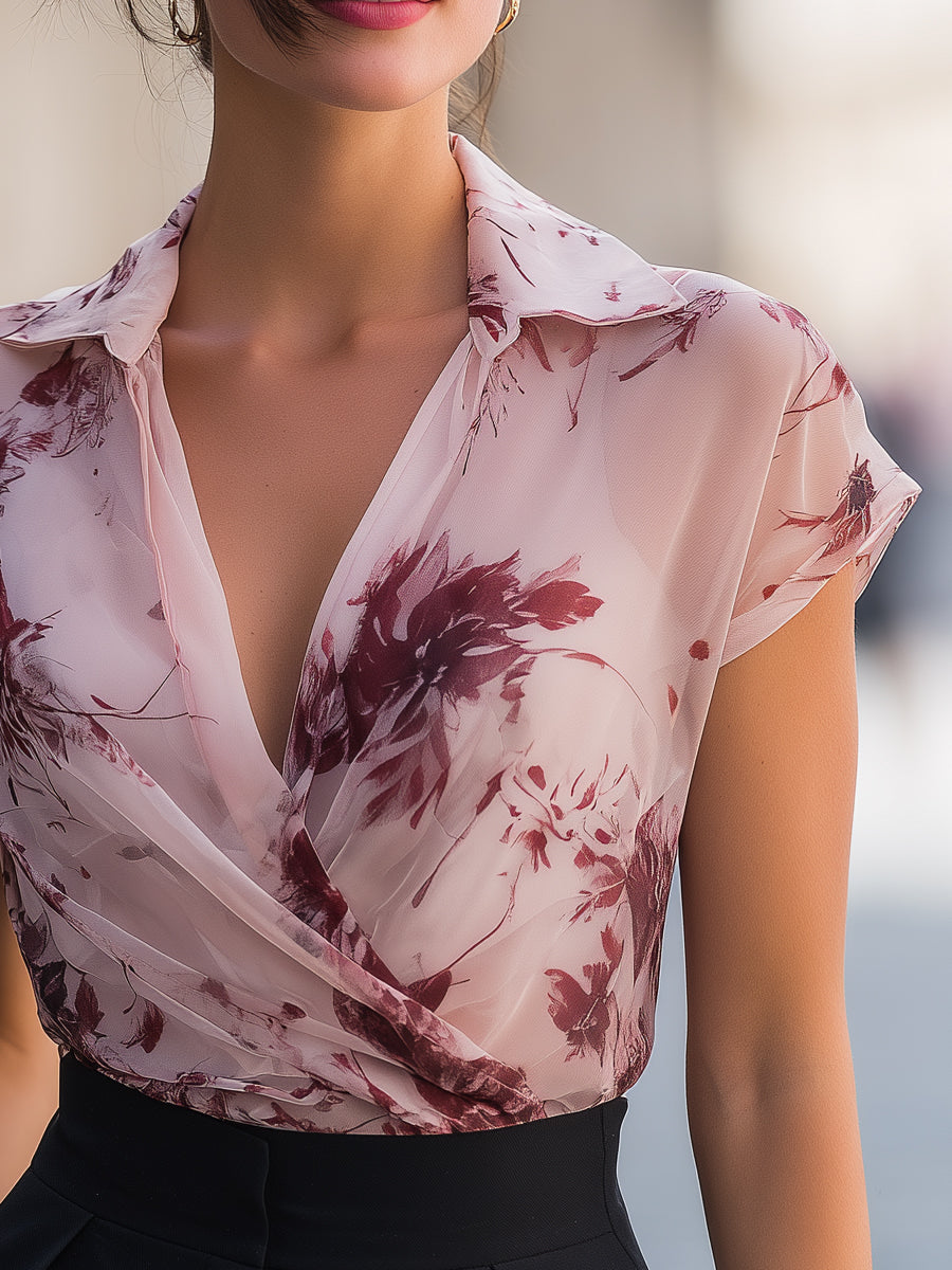 Floral Collared Cap Sleeve Wrap Blouse 3