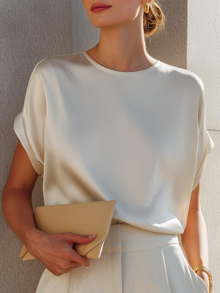 Round Neck Cap Sleeve Satin Blouse
