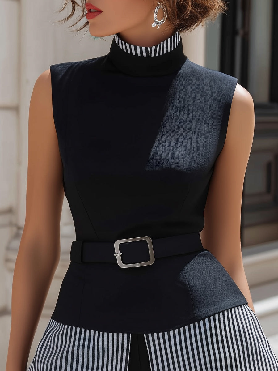 Contrast Stripe High Neck Belted Peplum Top 2