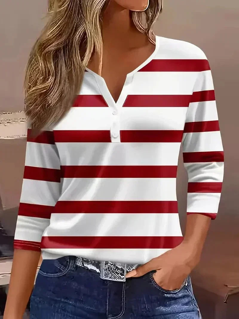 Striped V-Neck Button Henley Long Sleeve Top
