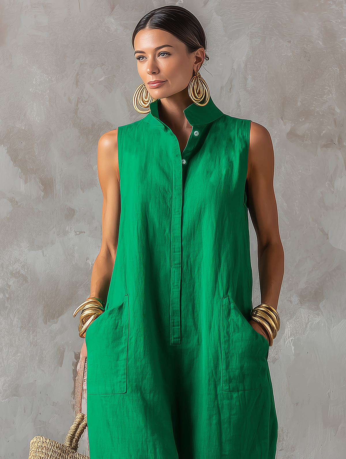 Sleeveless Stand Collar Button Front Wide Leg Jumpsuit with Pockets 3