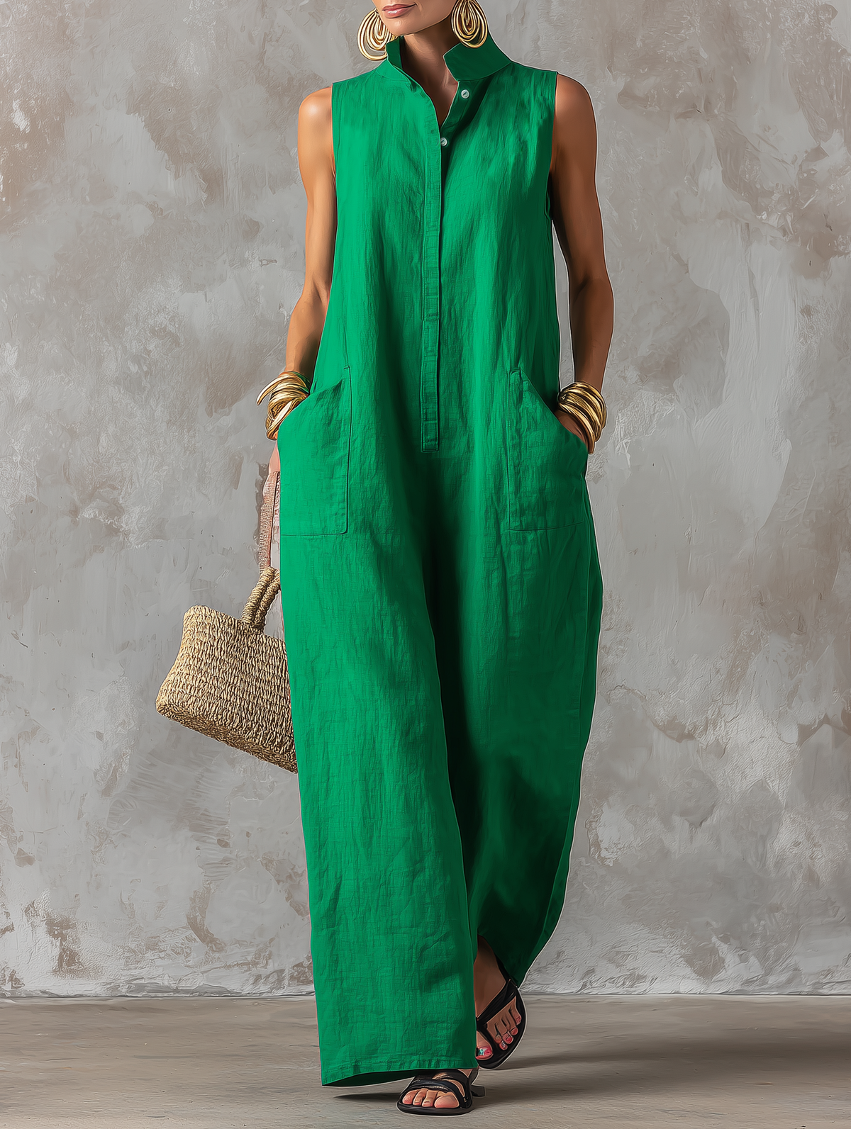 Sleeveless Stand Collar Button Front Wide Leg Jumpsuit with Pockets 2