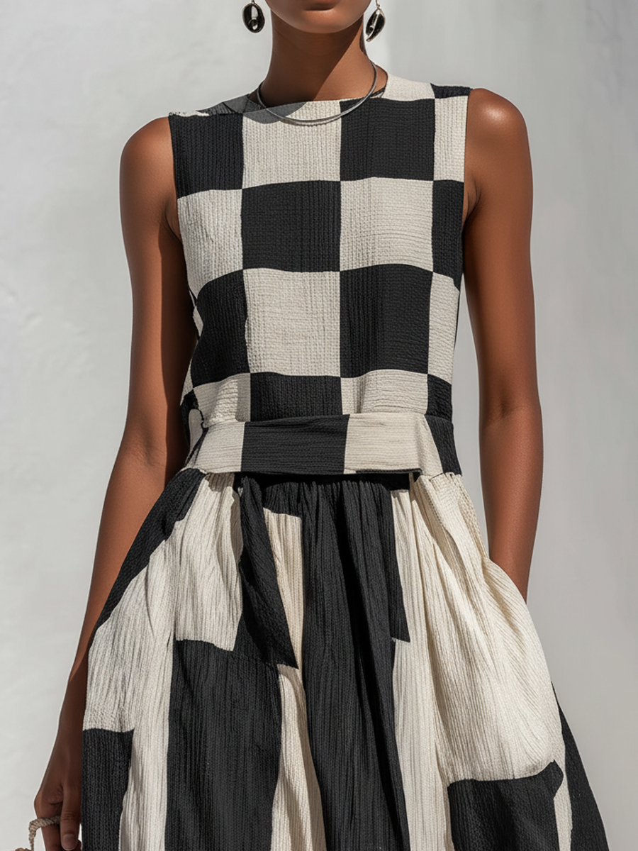 Checkerboard Stripe Panelled Sleeveless Maxi Dress 5