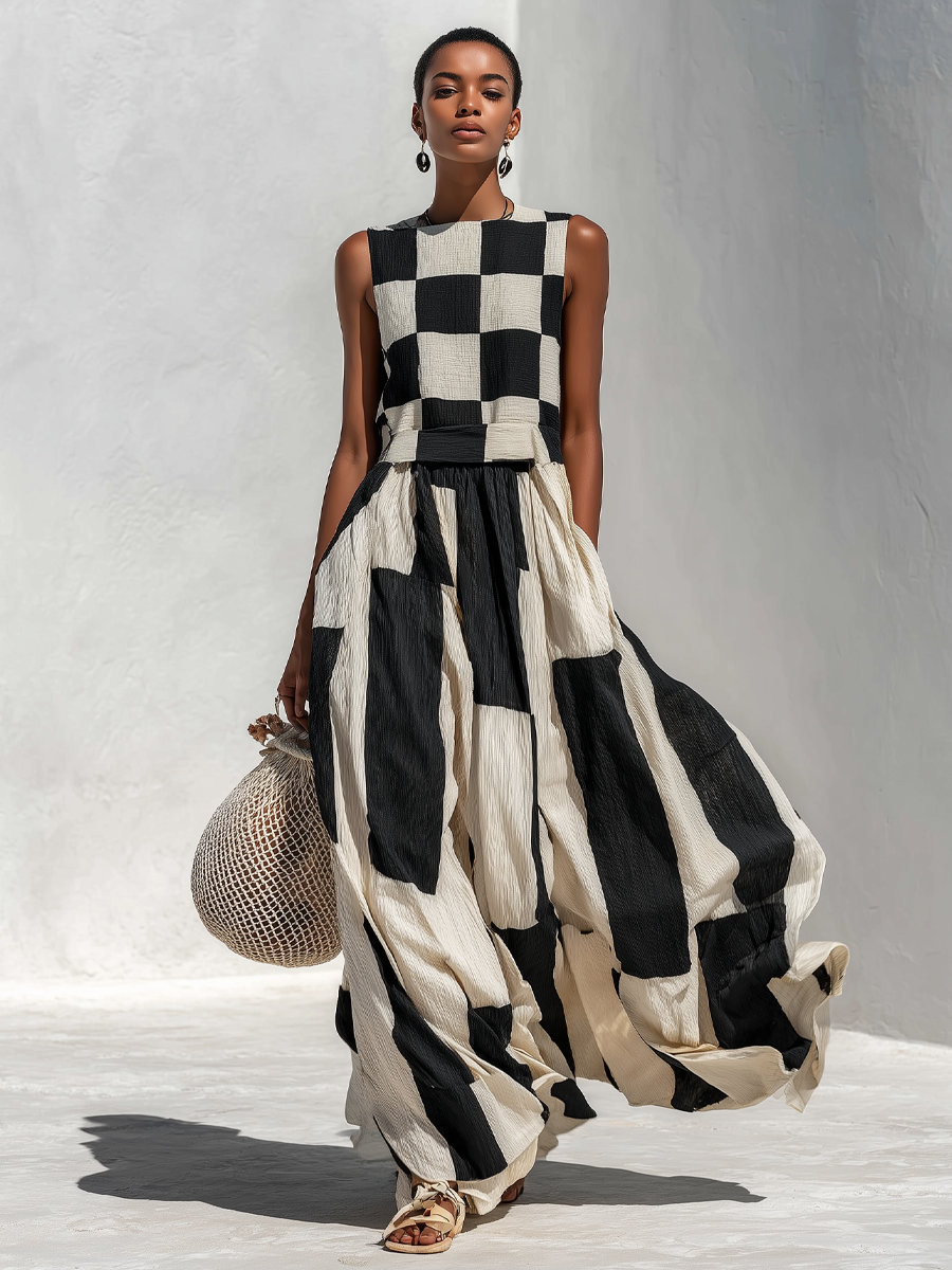 Checkerboard Stripe Panelled Sleeveless Maxi Dress 2