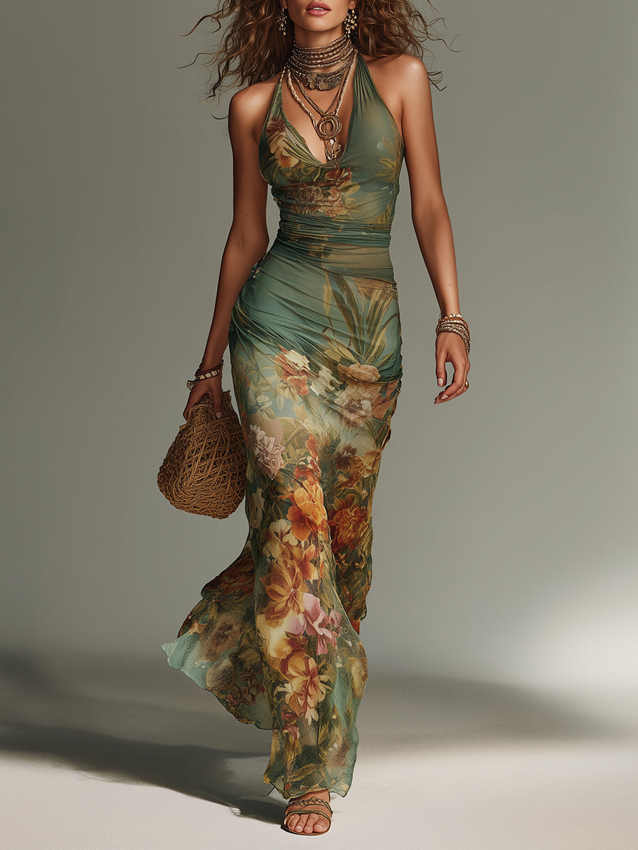 Floral Print Halter Neck Ruched Mesh Maxi Dress