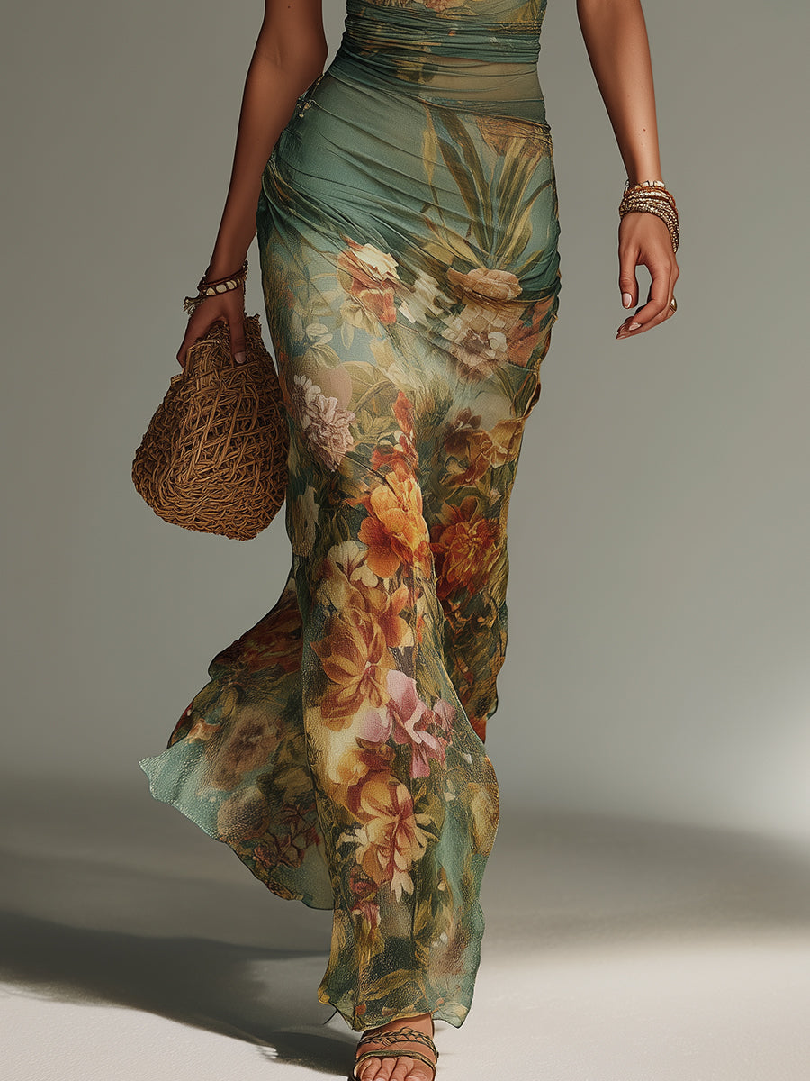Floral Print Halter Neck Ruched Mesh Maxi Dress 8