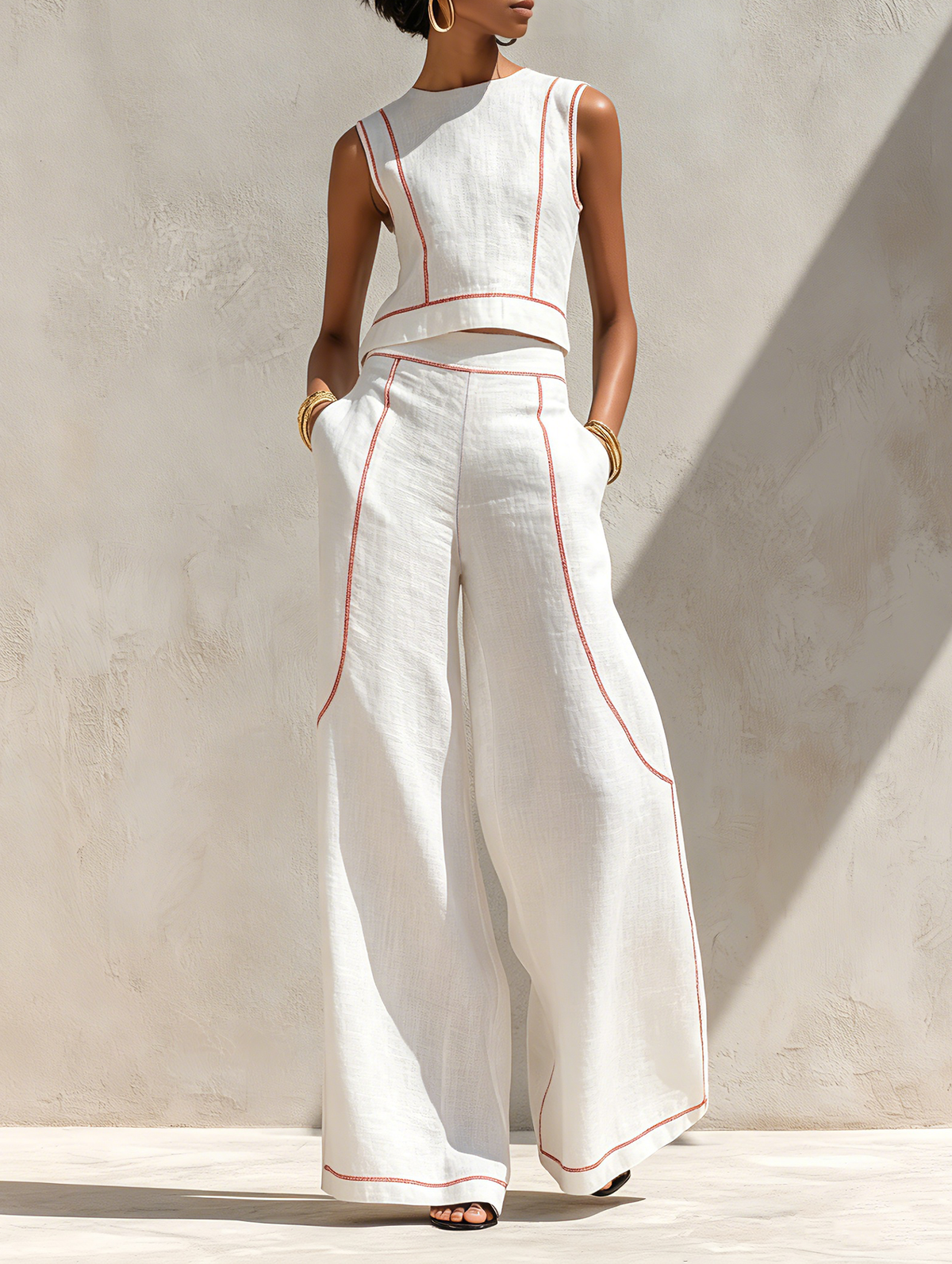 Contrast Stitch Sleeveless Top and Wide Leg Pants Two Piece Set