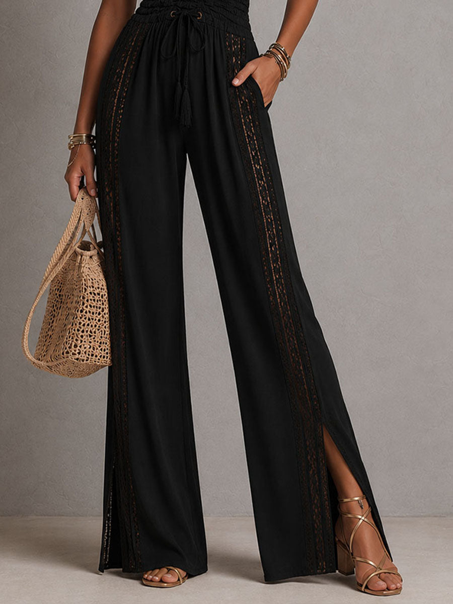 Halter Neck Deep V-Neck Lace Trim High Split Wide Leg Jumpsuit 5
