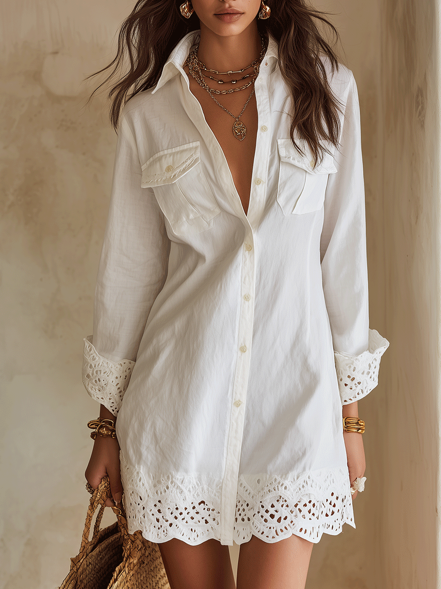 Crochet Lace Hem Long Sleeve Button Front Shirt Mini Dress 2