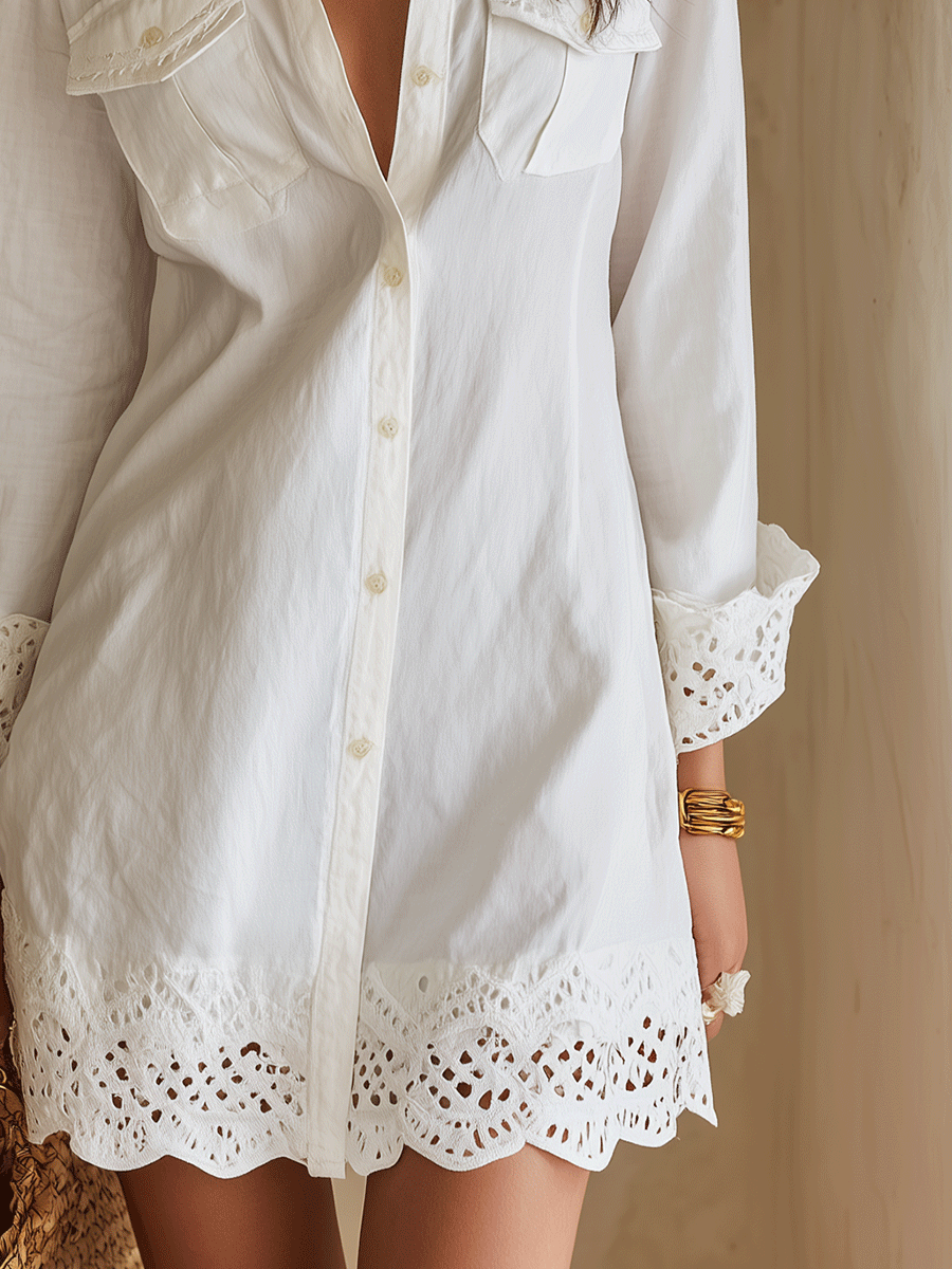 Crochet Lace Hem Long Sleeve Button Front Shirt Dress 4