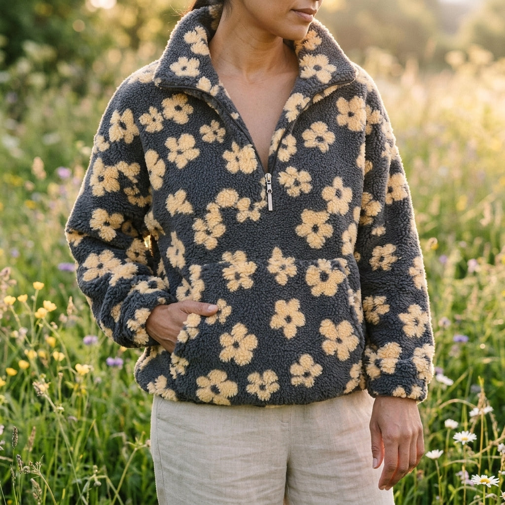Floral Sherpa Fleece Half Zip Pullover