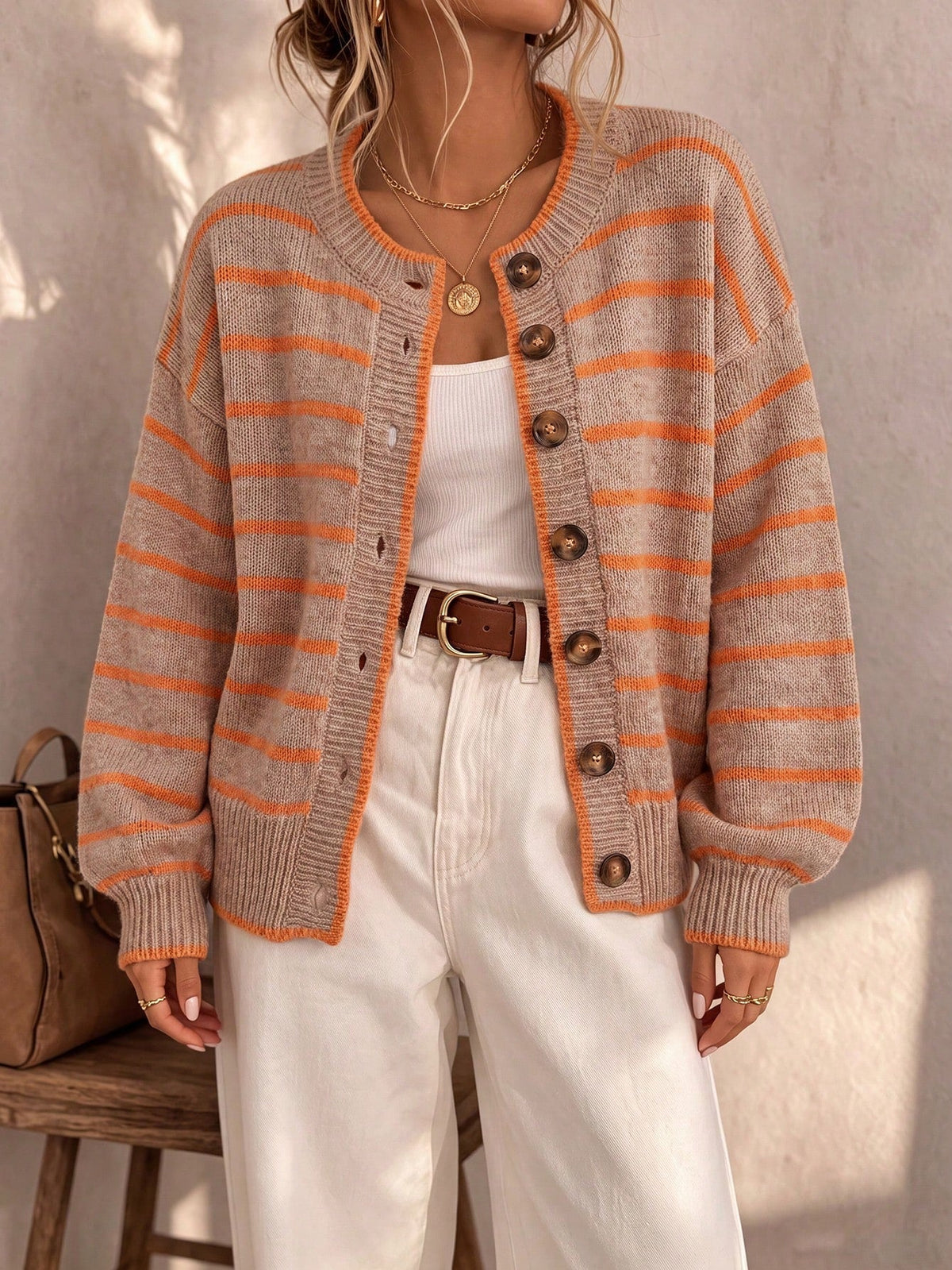 Striped Button Front Knit Cardigan 10