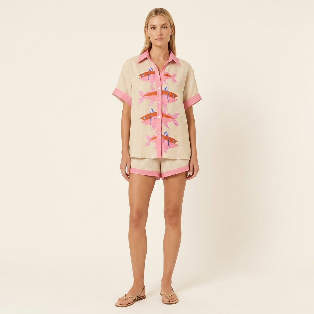 Fish Print Short Sleeve Shirt and Shorts Two Piece Set