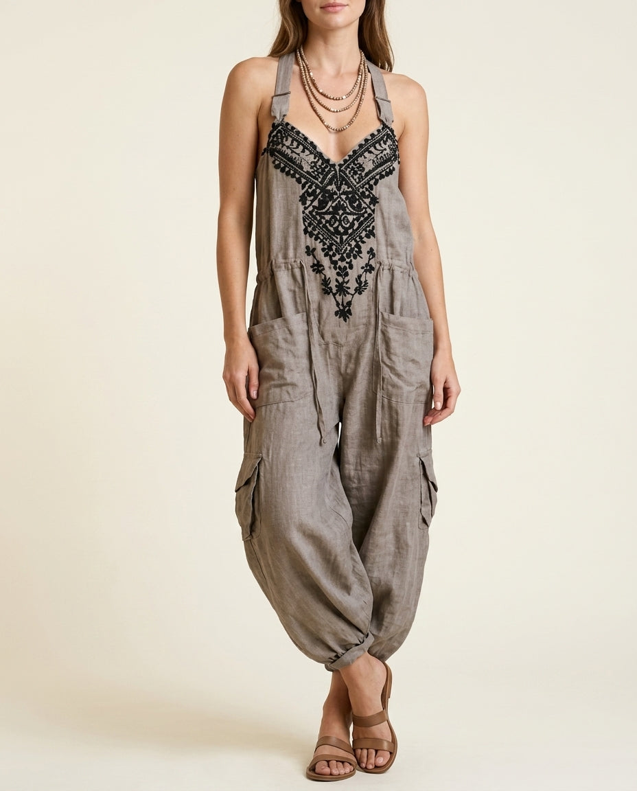 Embroidered Bodice Halter Neck Cargo Harem Jumpsuit