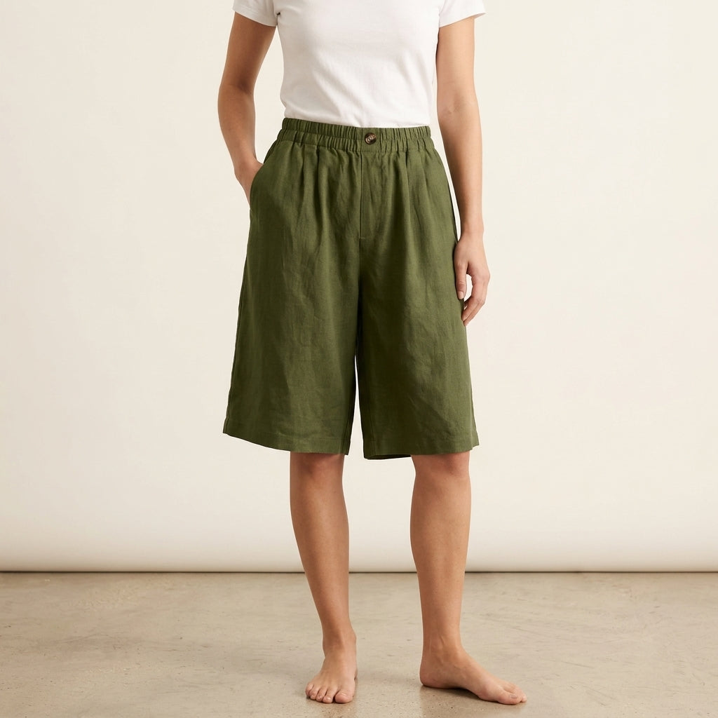 High Waist Elastic Wide Leg Bermuda Shorts