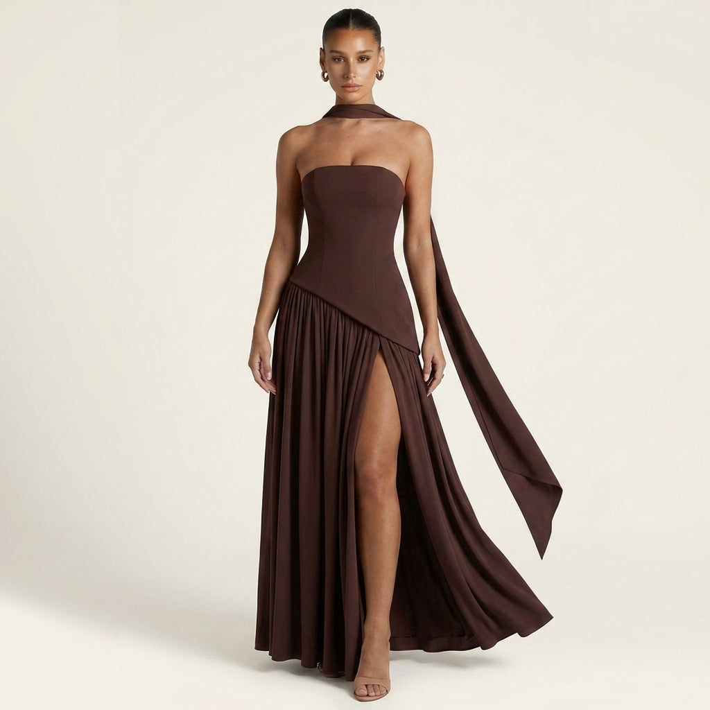 Strapless Scarf Neck High Split Ruched Maxi Dress