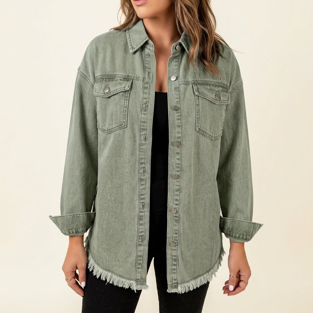 Oversized Frayed Hem Button Front Denim Shacket