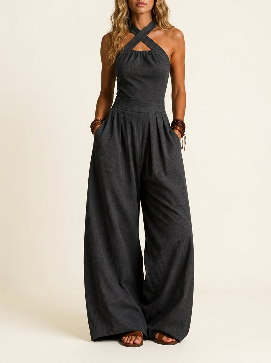 Halter Cross Front Pleated Wide Leg Jumpsuit