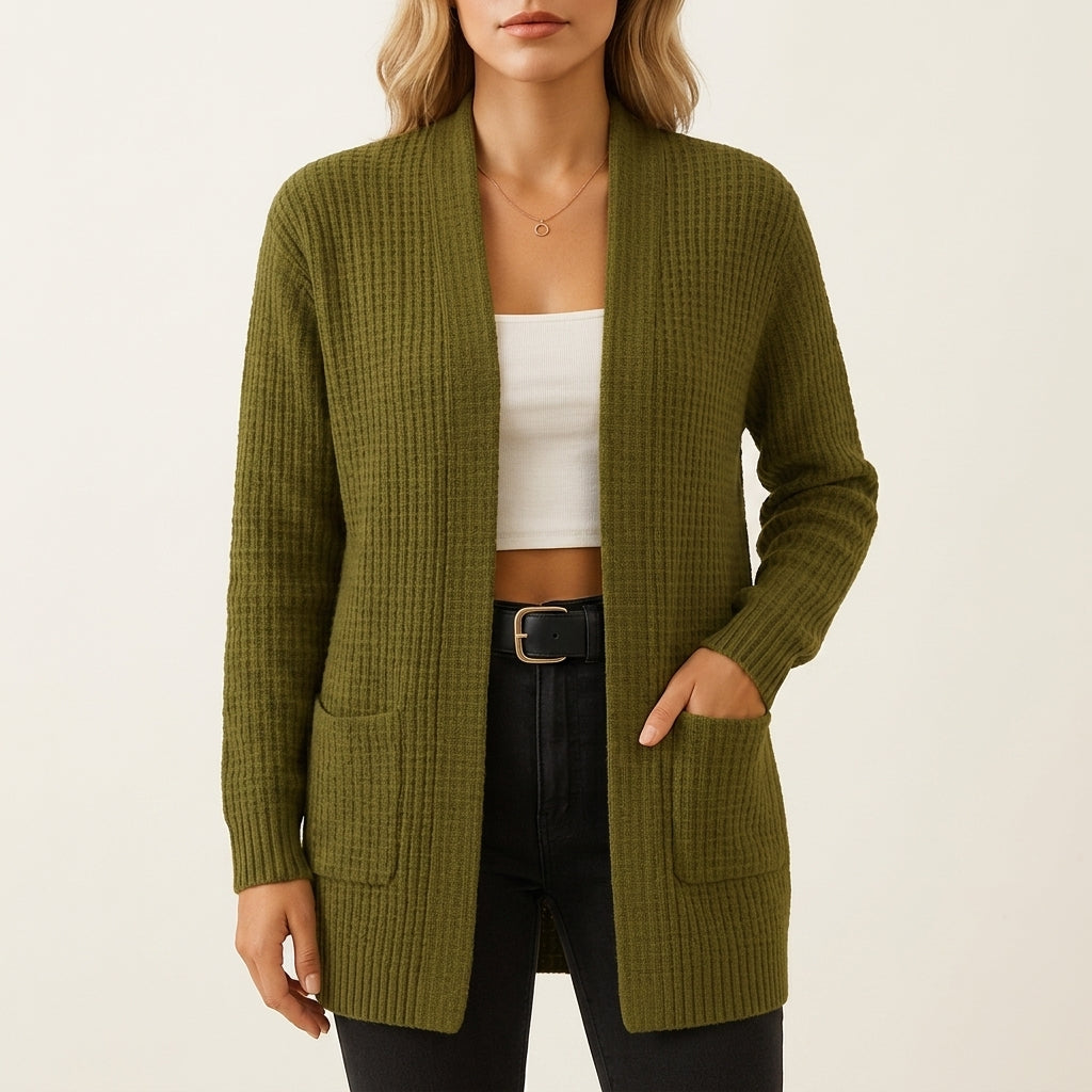 Waffle Knit Open Front Pocket Cardigan