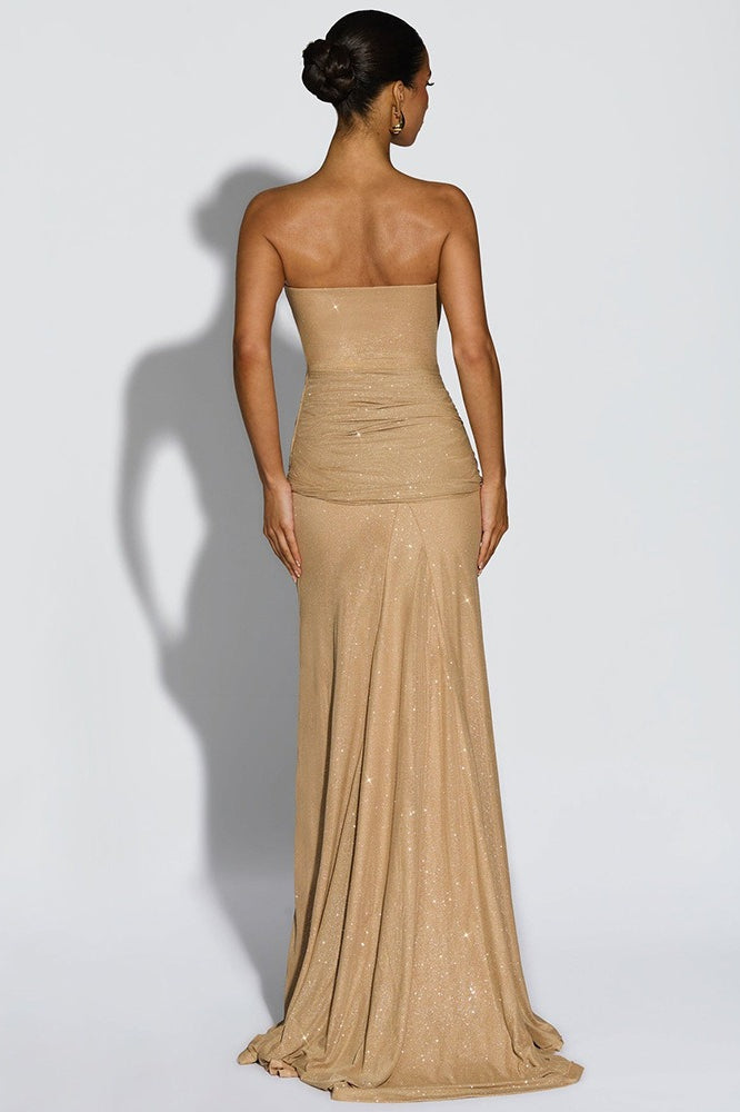 Strapless Draped Sash Shimmer Ruched Mermaid Maxi Gown 3