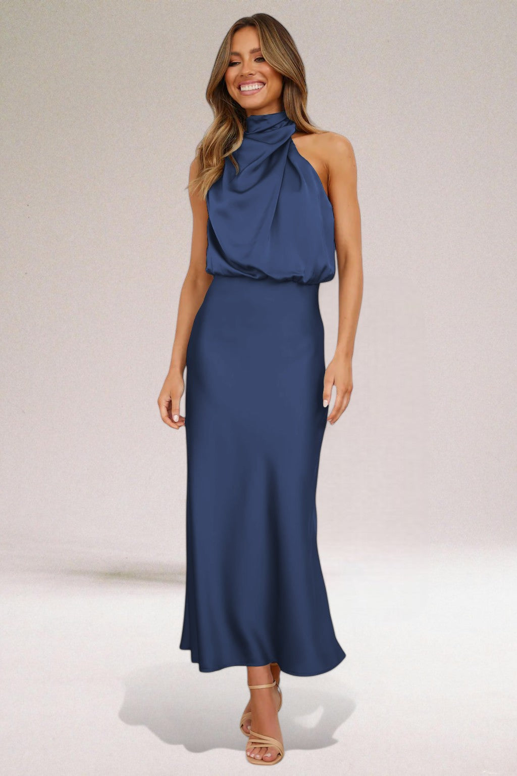 Satin High Neck One Shoulder Draped Maxi Dress 4