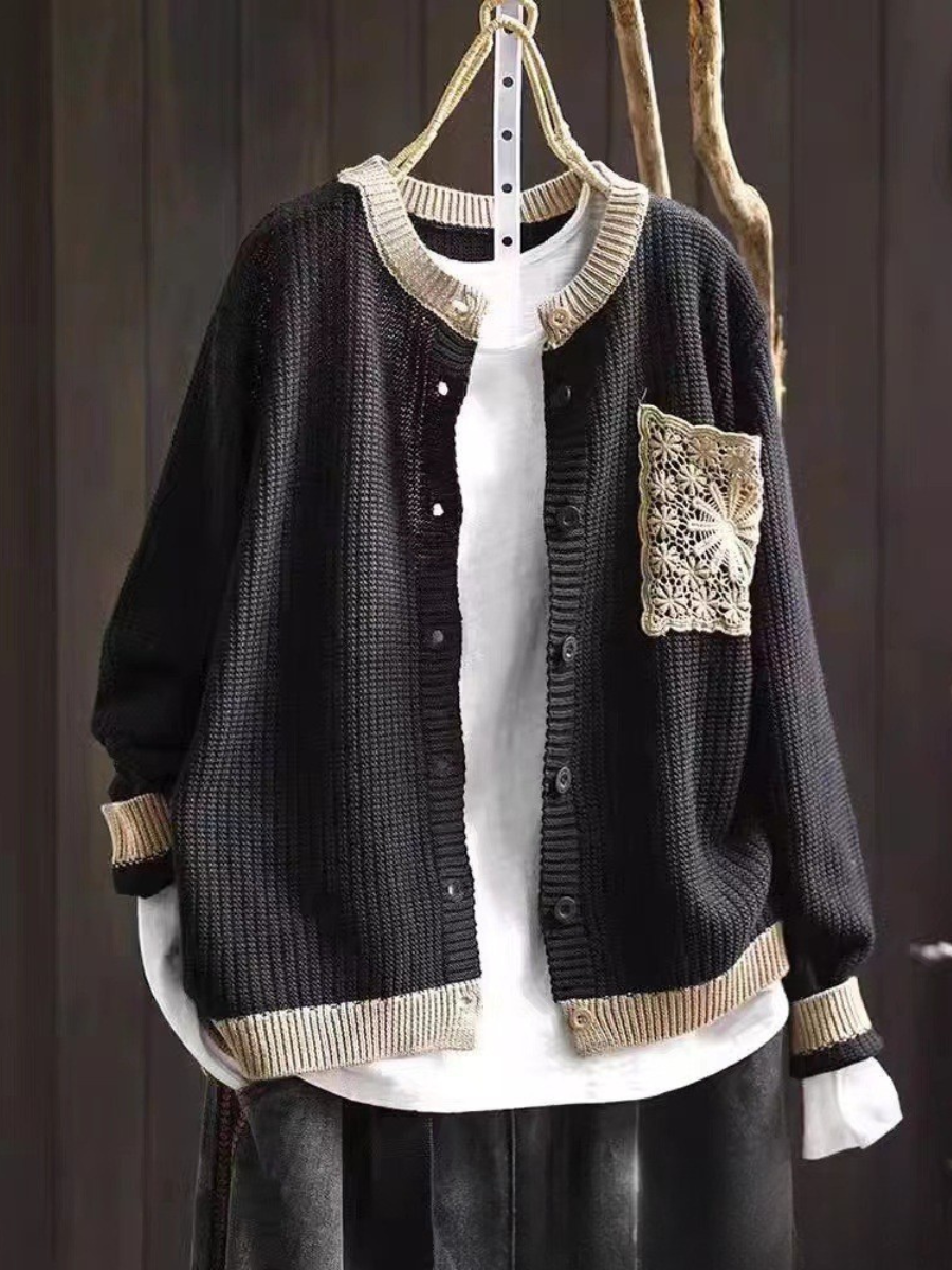 Crochet Pocket Round Neck Button Front Waffle Knit Cardigan 2