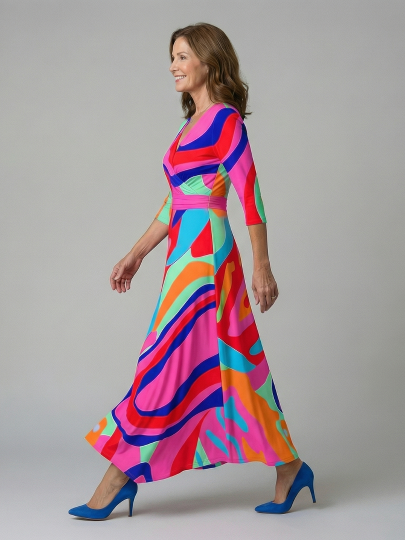 Floral V-Neck Wrap Three Quarter Sleeve Satin Maxi Dress 9